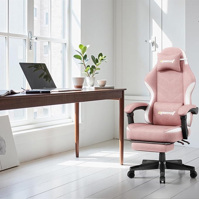 Gaming Chair,Fabric Computer Chair with Pocket Spring Cushion,400 lb Load Capacity,Ergonomic Office Chair with Footrest,Height Adjustable Video Gamer Chair with Lumbar Support (Pink)