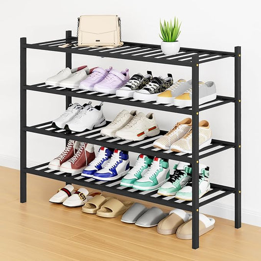 Smiry Shoe Rack, 4 Tier Long Bamboo Shoe Organizer, Stackable Free Standing Wooden Shoe Storage Shelf for Closet, Entryway, Front Door Entrance, Black