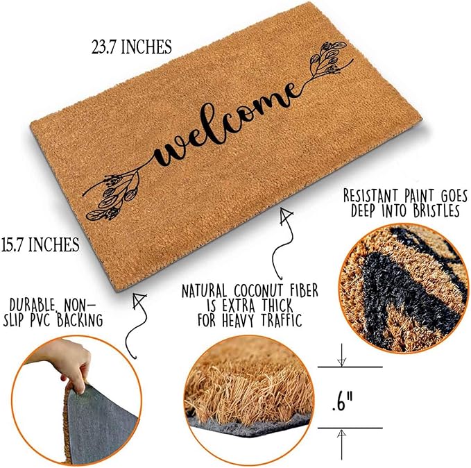 Funny Coir Doormat with Welcome Floral Design Botanical Theme - Front Door Mat, Entryway Welcome Mat, 23.7 x 15.7 inch
