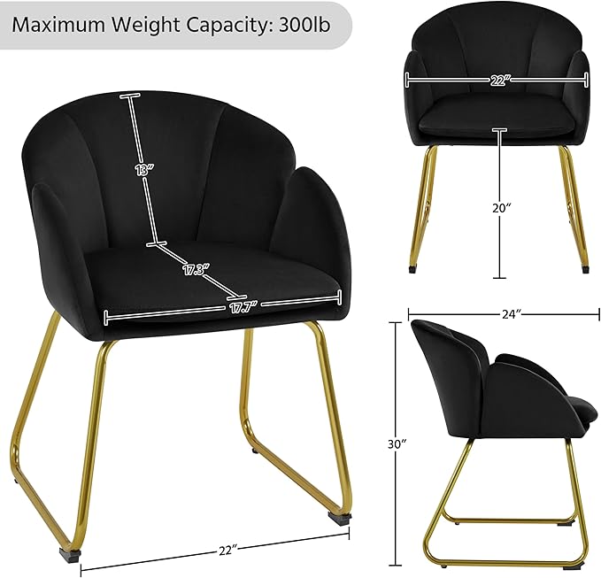 Yaheetech Modern Velvet Armchair, Flower Shaped Makeup Chair Vanity Chair with Golden Metal Legs for Living Room/Makeup Room/Bedroom/Home Office/Kitchen, Black