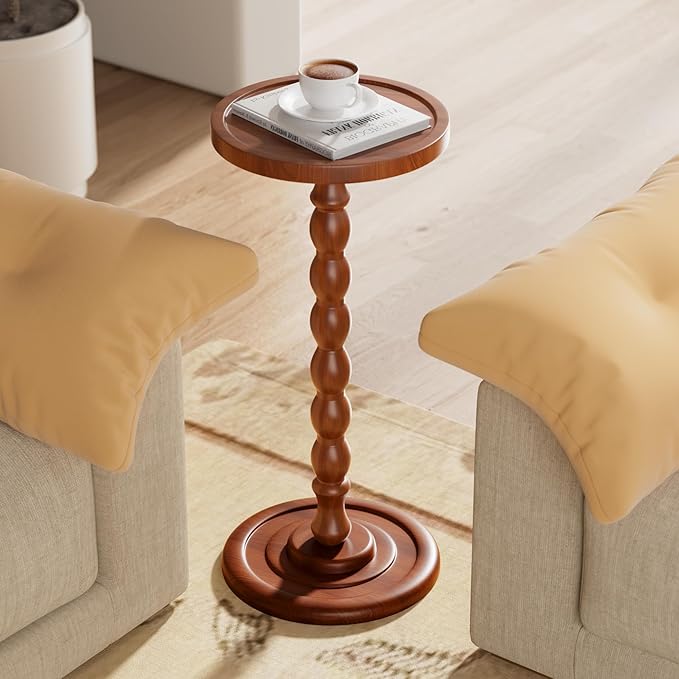 Solid Wood Drink Table, Rubber Wood‌ Small Round Side Table for Small Spaces, Martini Tables, Pedestal End Tables for Living Room, Bedroom, Corners, and Office (Light Walnut, 11.81inch)