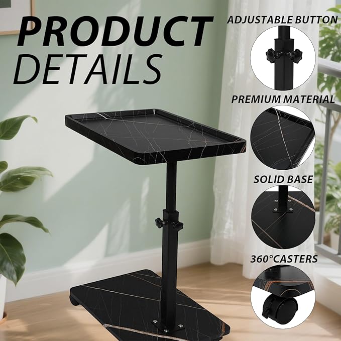 Simcat C Table End Table Adjustable Height, C Shaped Side Table with Wheels, 360° Swivel TV Tray Table, Sofa Side Tables for Small Spaces/Living Room/Bedroom/Bathtub/Hospital
