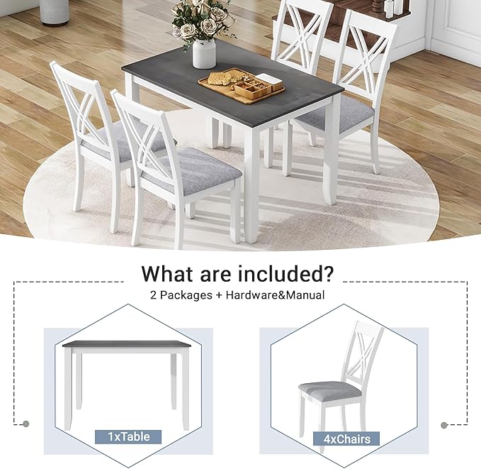 Ball & Cast Dining Table Set for 4 with 4 X-Back Chairs,5-Piece Wooden Living Room Furniture W/ 44.5" Rectangle Kitchen Desk,for Small Space,Apartment,Dining Room,Grey