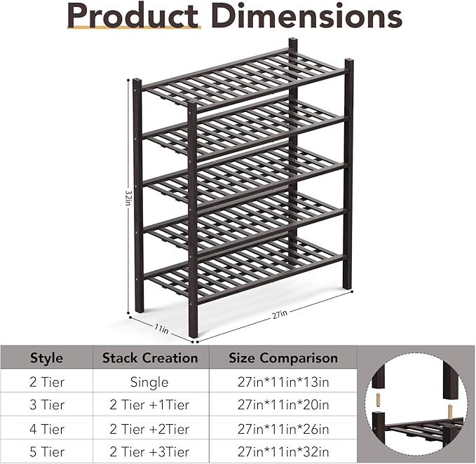 Haddockway 5 Tier Bamboo Shoe Rack Storage Organizer, Multifunctional Free Standing Stackable Shoe Shelf with Grid Panel for Closet,Hallway,Entryway,Small Space 27"x11"x32" (Brown, 5 Tier)