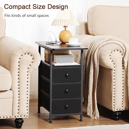AMHANCIBLE End Tables Living Room with Charging Station, Narrow Side Table with USB Ports and Outlets, Slim Nightstand with 3 Fabric Drawers for Bedroom, Small Space, Black, HETN013BK-1