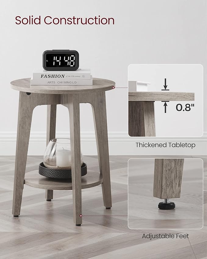 VASAGLE Side Table, Small Round End Table with Lower Shelf, Nightstand for Small Spaces, Living Room, Bedroom, Greige ULET283T02