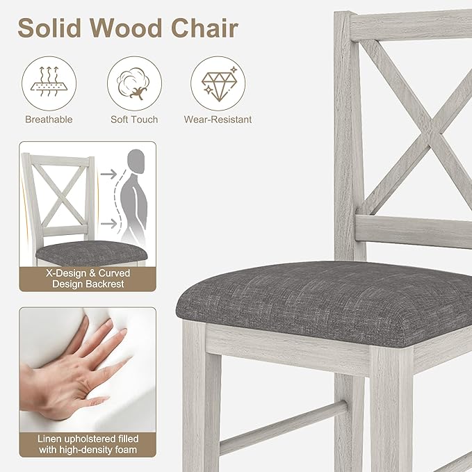 Solid Wood Dining Chairs Set of 2, Farmhouse Chairs with High Cross Back and Upholstered Seat, Easy Assembly for Dining Room, Kitchen, Washed Gray