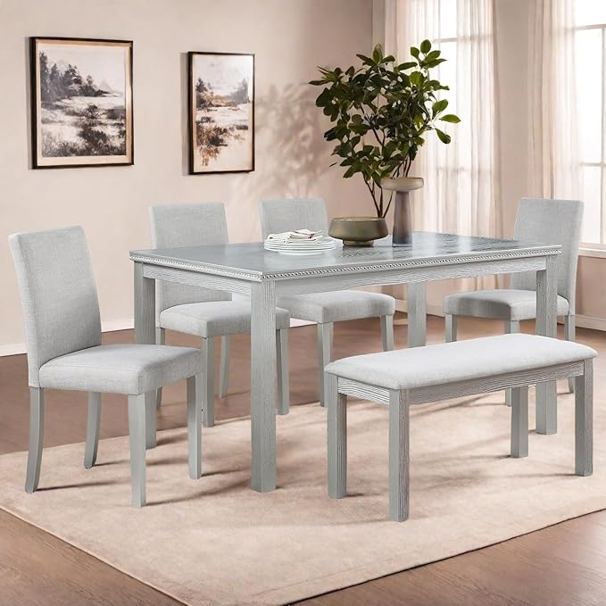 Dining Table Set for 5, 6 Piece Dining Room Table Set with Rectangular Crystal Decoration Table, 4 Upholstered Chairs and Bench, Counter Height Kitchen Sets with MDF Tabletop, Silver Gray