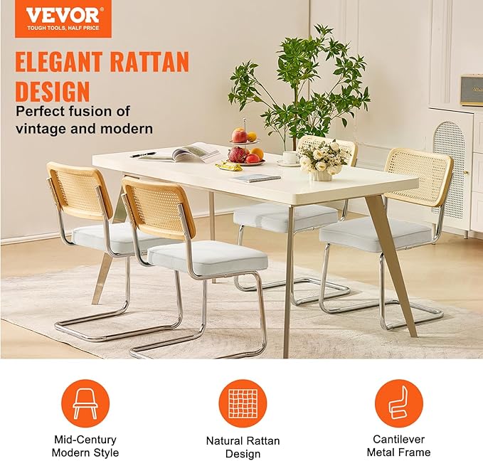 VEVOR Rattan Dining Chairs Set of 4, Mid Century Modern Dining Chair, Upholstered Velvet Accent Chair with Rattan Back, Retro Dining Room Kitchen Chair for Living Room, Bedroom(18.1 Inch)