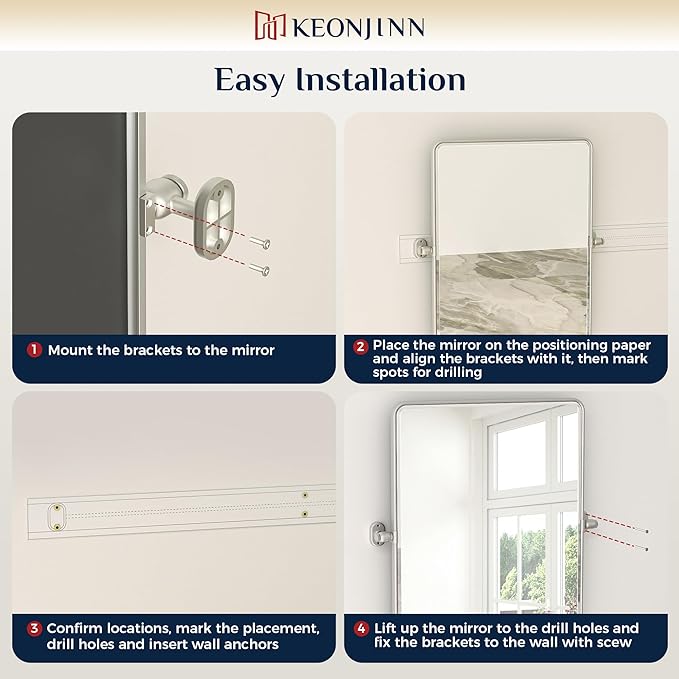 Keonjinn 24 x 36 in Silver Pivot Mirror, Satin Nickel Beveled Tilt Mirror Bathroom Rectangle, Adjustable Tilted Mirrors Bathroom for Over Sink, Framed Vanity Mirrors for Wall (Horizontal/Vertical)
