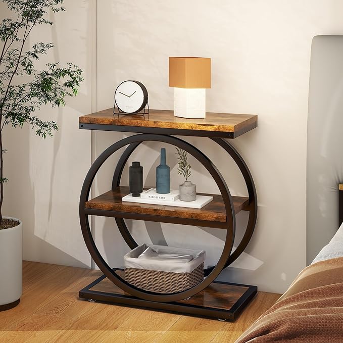 IBUYKE Narrow End Table with 3 Storage Shelves, Industrial Sofa Side Table, Double Round Metal Frames, Slim Nightstand and Bedside Table for Bedroom, Living Room, Rustic Brown UTMJ418H