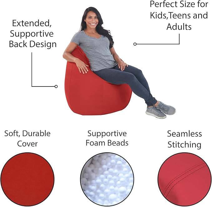 FDP SoftScape Dew Drop Bean Bag Chair with Supportive High-Back Design, For Kids, Teens and Adults, Alternative Seating for Dorms, Schools, Libraries, Daycares or Home - Red