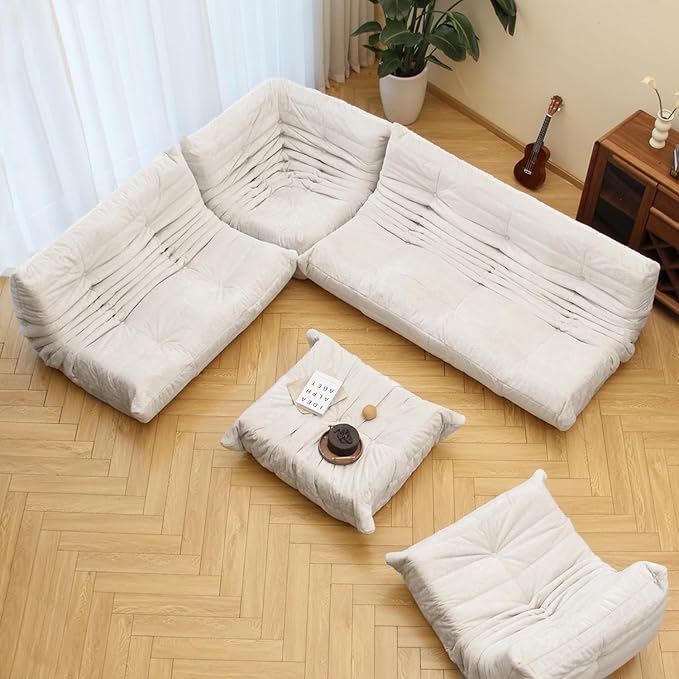 N&V Fireside Chair, Mid Century Armless Floor Sofa, Soft Premium Chenille Floor Lounge Chair, Foam Sofa Accent Chair for Living Room Bedroom and Office (White, Ottoman)