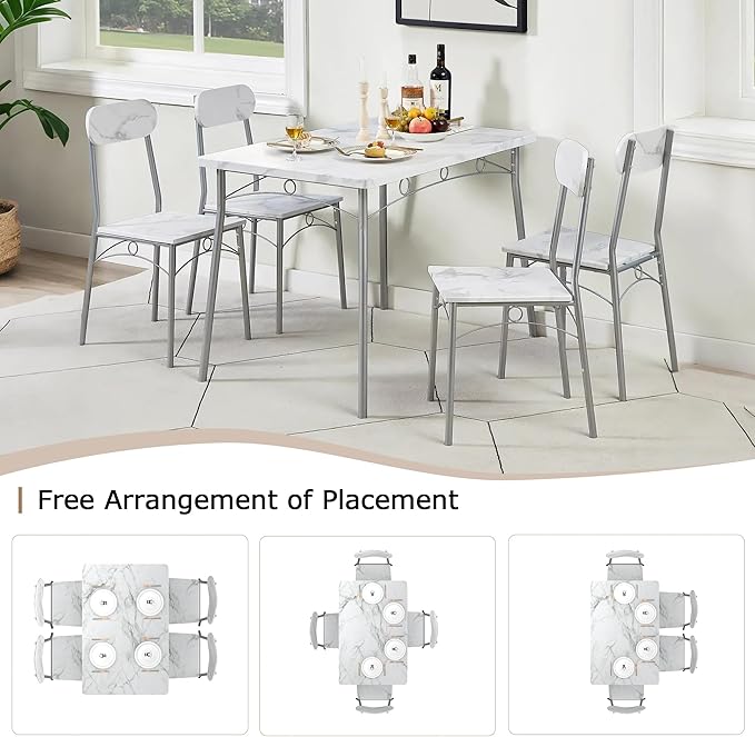 VECELO 5-Piece Dining Table Set for 4, Kitchen Rectangular Dinette with Wooden Chairs for Small Space, Apartment, Breakfast Nook, White