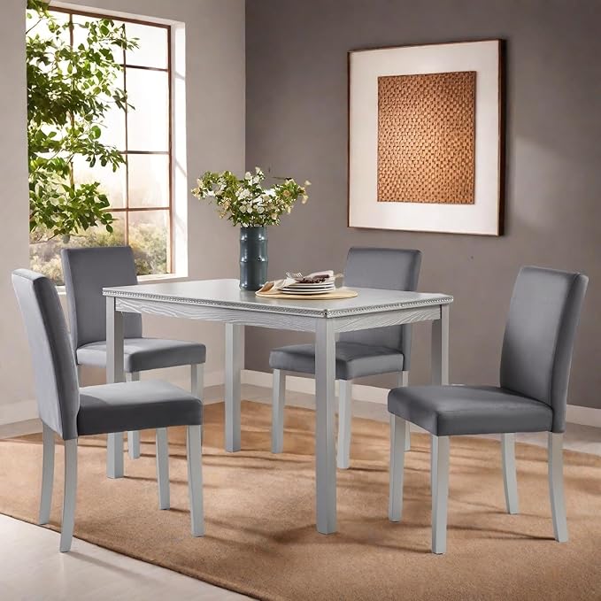 Dining Table Set for 4, 5-Piece Dining Room Table Set with Rectangular Crystal Decoration Table & 4 Upholstered Backrest Chairs, Counter Height Kitchen Sets with MDF Tabletop, Grey