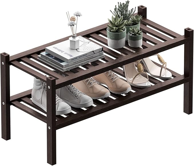 2 Tier (Thick) Bamboo Shoe Rack for Closet Free Standing Wood Shoe Shelf for Entryway Small Space Stackable 27"x12"x14" (Black Brown)