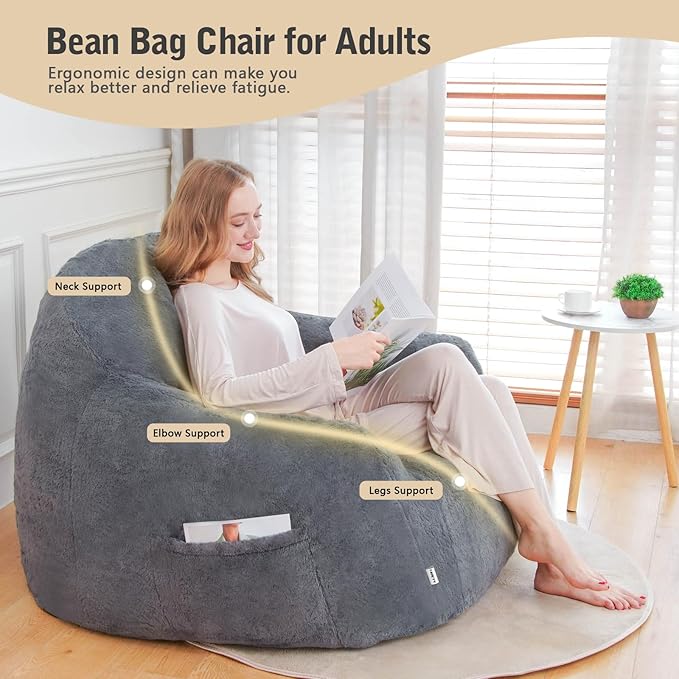 FAREYY Giant Bean Bag Chair with Armrests, Oversized Bean Bag Couch for Adults and Kids, Faux Fur Comfy Large Chair with Filler, Stuffed Lounge Floor Boneless Chair for Living Room, Light Gray