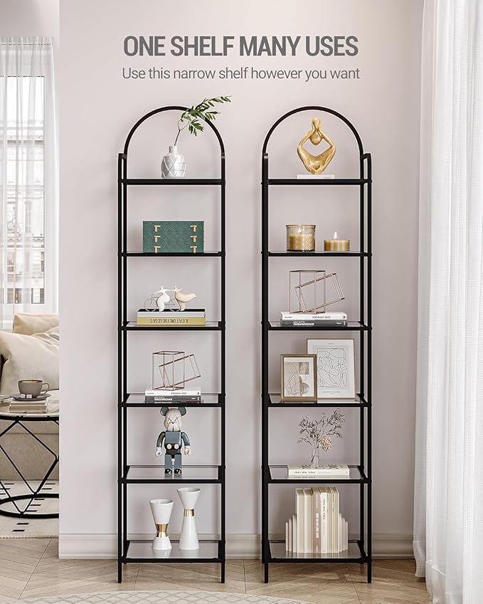 Bookcase Bookshelf, Tempered Glass Bookshelves, Slim Shelving Unit for Bedroom, Bathroom, Home Office, Steel Frame, 6 Tier Black BC10601B