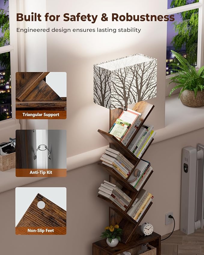 Tree Bookshelf with Light, 6 Tier Small Bookcase, Narrow Floor Standing Book Tower Organizer with Storage Cabinet for Living Room, Bedroom and Home Office, Rustic Brown