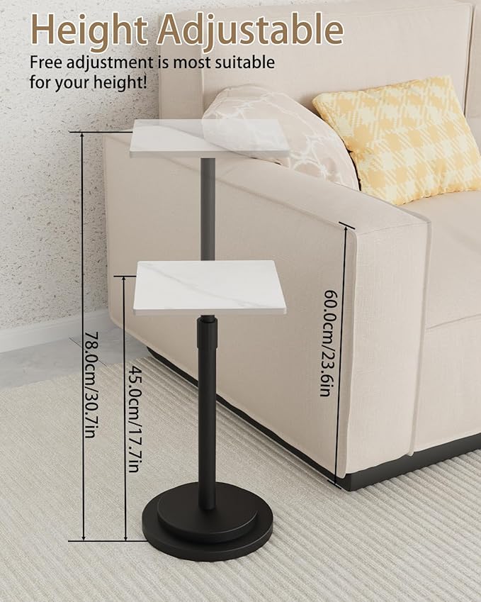 Versatile End Table with Metal Base, Height Adjustable, Vintage Square Indoor Metal Plant Stand, for Sofa, Bedside Small Couch, Living Room and Bedroom, 1 Pack, White, GBZ001SW-1