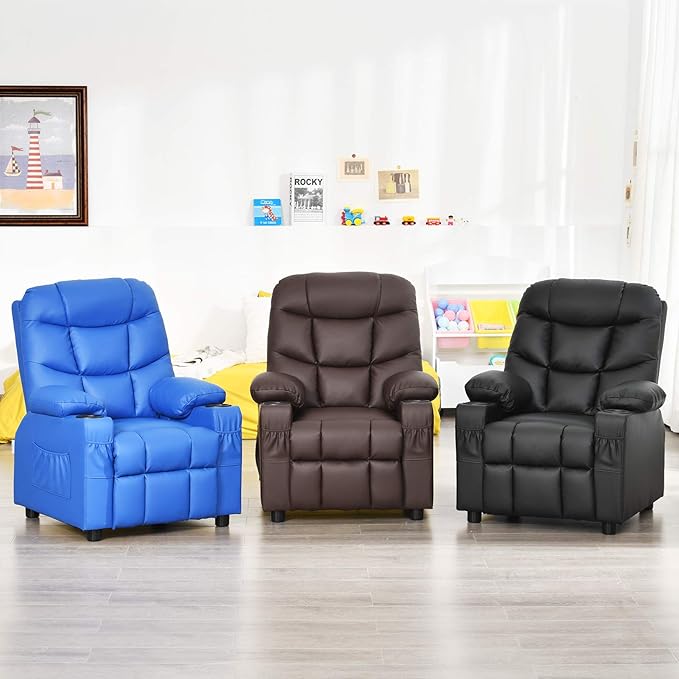 Costzon Kids Recliner Chair with Cup Holder, Adjustable Leather Lounge Chair w/Footrest & Side Pockets for Children Boys Girls Room, Ergonomic Toddler Furniture Sofa, Kids Recliner (Black)