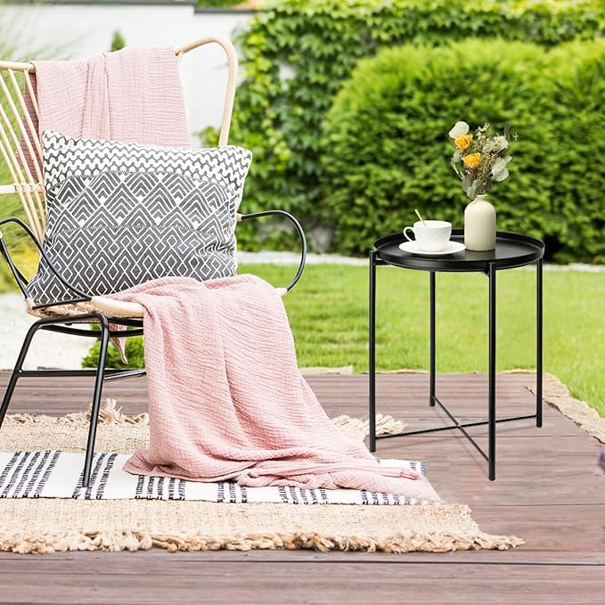danpinera Metal Black Side Table for Small Spaces Outdoor Patio Table Round Metal Coffee Table Waterproof Removable Tray Table for Living Room Bedroom Balcony Office Black