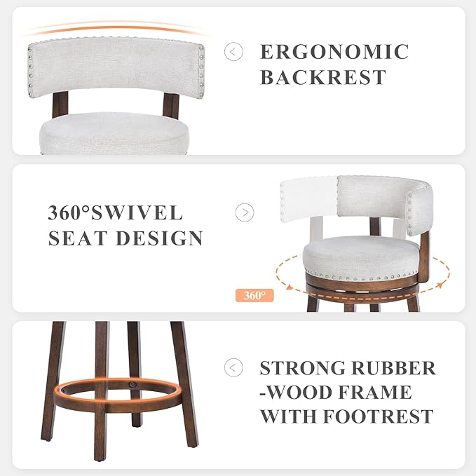 COLAMY Swivel Bar Stools Set of 4, Swivel Counter Height Barstools with Back, 25 Inch Modern Upholstered Bar Stools for Kitchen Island Dining Room Bar, Beige
