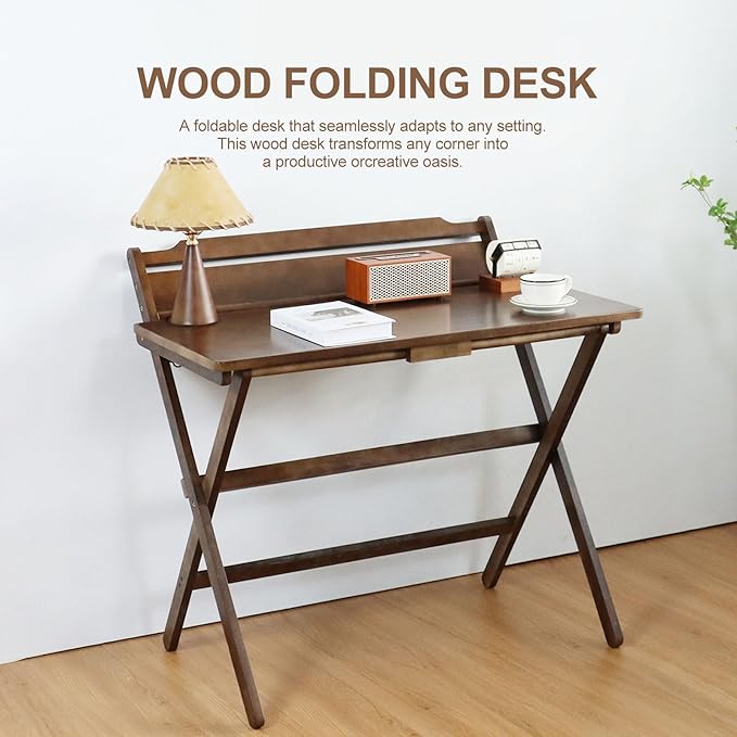 Solid Wood Folding Desk,Foldable Computer Desk with Shelf for Home Office, Space Saving Portable Laptop Study Foldable Table for Small Spaces,Walnut Color