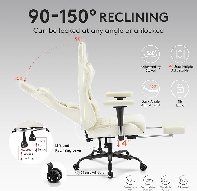 Gaming Chair,Computer Office Chair with Footrest,Massage Lumbar Support and Gel Pad,Ergonomic Reclining Leather Gamer Chair with Headrest,Adjustable Armrests and Spring Cushion Ivory