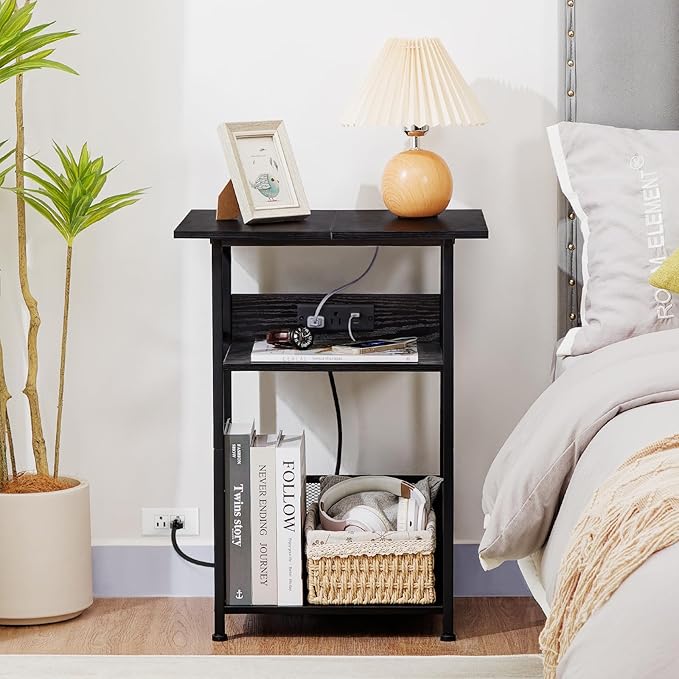 AMHANCIBLE Record Player Stand with Charging Station, Large Turntable Stand with Storage Cabinet, 3 Tier End Table Hold Up to 100 Albums, Record Stand for Vinyl, Living Room, Black, HETCD012BK-1