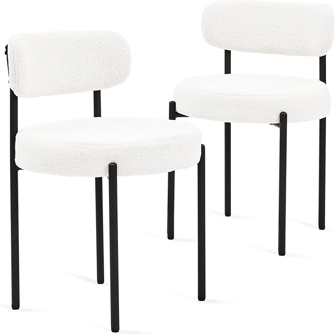 Dining Chairs Set of 2, White Boucle Dining Chair, Curved Backrest Upholstered Dining Room Chairs with Black Metal Legs, Mid Century Modern Dining Chairs for Kitchen, Living Room, White