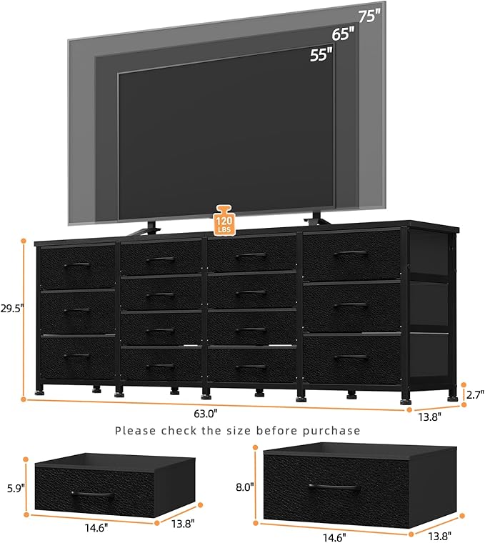 63 Inch TV Stand Dresser for Bedroom, Long Black Dresser with 14 Fabric Drawers for 65 70 75 Inch TV, Entertainment Center with Storage Media TV Console Table