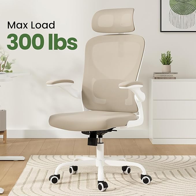 Ergonomic Office Chair, Comfy Home Office Chair High Back Computer Chair with Headrest, Adjustable Back Support, Flip-Up Arms, 90-120° Tilt and Wide Cushion, Up to 300lbs, Khaki+White