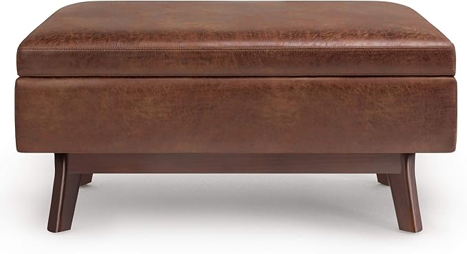 SIMPLIHOME Owen 36 inch Wide Mid Century Modern Rectangle Small Rectangular Storage Ottoman in Distressed Saddle Brown Vegan Faux Leather, Assembled, for the Living Room, Entryway and Family Room