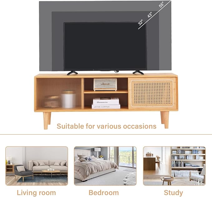 Tiita Rattan TV Stand for 55 Inch TV, Bamboo TV Cabinet with Adjustable Shelf and Storage, Boho Entertainment Center, Mid Century Modern Media Console for Bedroom, Living Room, Study (Natural)