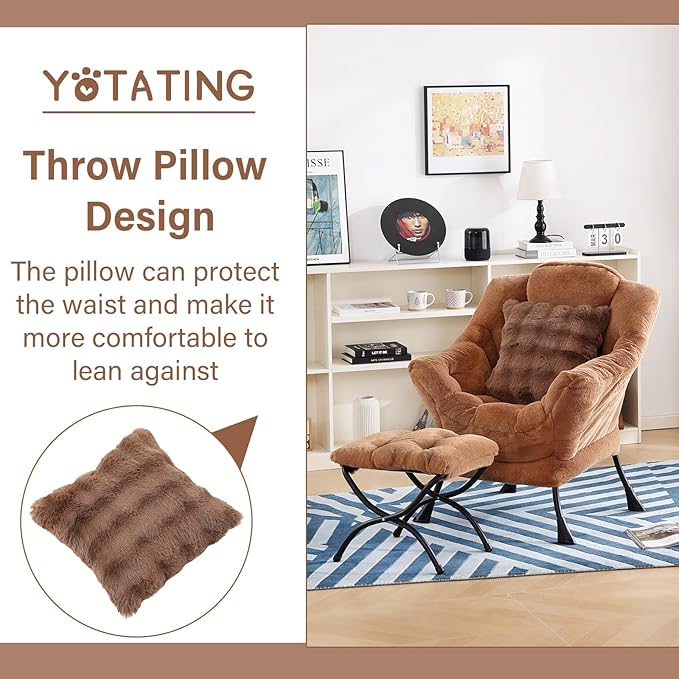 Lazy Chair with Ottoman, Comfy Reading Chair with Footstool & Throw Pillow Modern Lounge Accent Chair with Armrests & Side Pocket for Living Room, Bedroom, Dorm Room, Office, Plush Brown