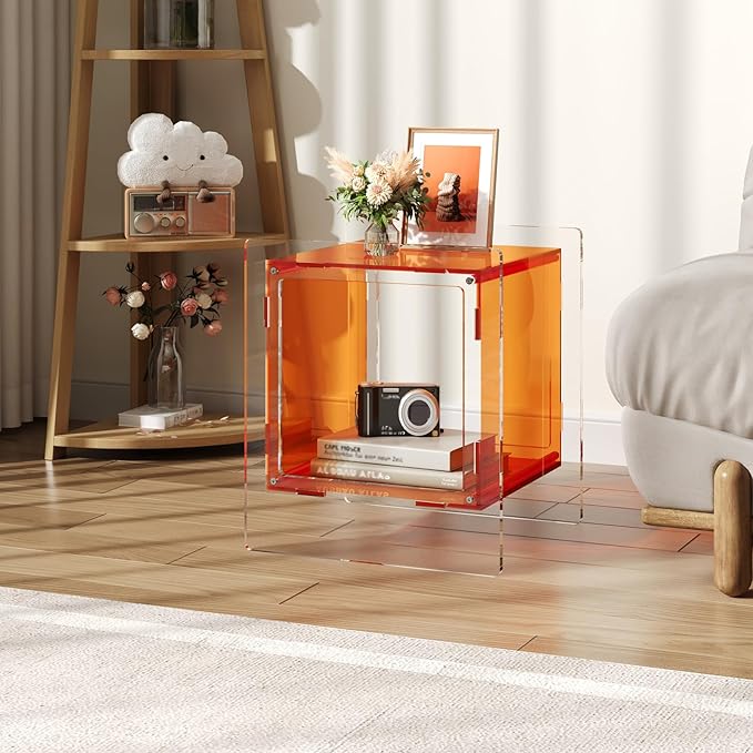 Acrylic End Table, Side Table Nightstand with Open Storage Shelf, 2-Tier Bedside Table Home Decor Display for Bedroom, Living Room, Office (1, Orange)
