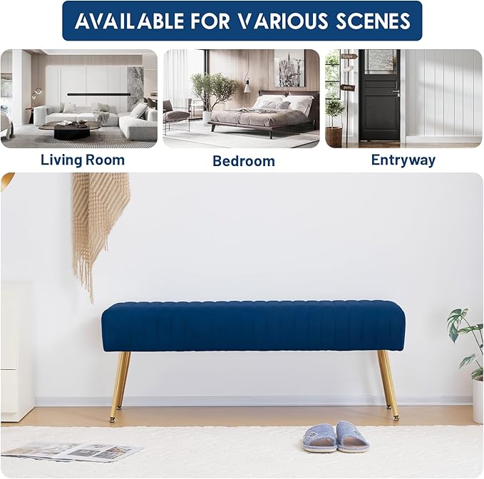 Furniliving Bedroom Bench Velvet Ottoman Bench with Skin-Friendly Velvet, 44.8’’ Upholstered End of Bed Bench, Soft Indoor Benches with Golden Finished Tapered Legs for Living Room, Entryway, Blue