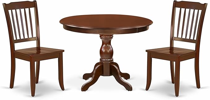 East West Furniture HBDA3-MAH-W 3 Piece Modern Dining Table Set Contains a Round Wooden Table with Pedestal and 2 Dining Chairs, 42x42 Inch, Mahogany