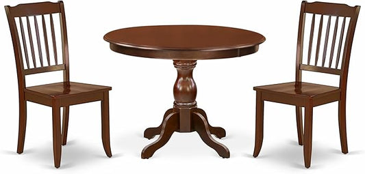 East West Furniture HBDA3-MAH-W 3 Piece Modern Dining Table Set Contains a Round Wooden Table with Pedestal and 2 Dining Chairs, 42x42 Inch, Mahogany