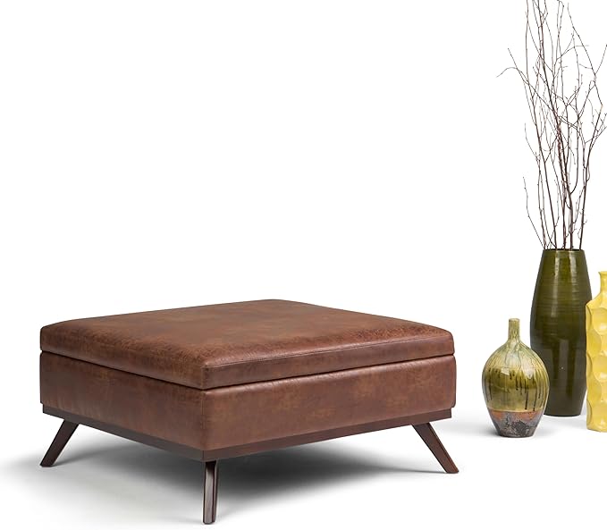 SIMPLIHOME Owen 36 inch Wide Mid Century Modern Square Coffee Table Storage Ottoman in Distressed Saddle Brown Vegan Faux Leather, Assembled, For the Living Room, Entryway and Family Room