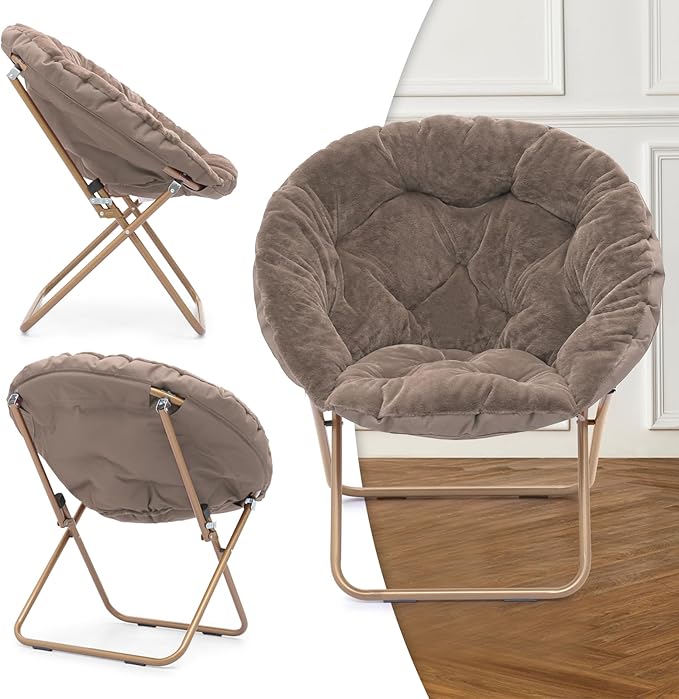 MoNiBloom Round Folding Faux Fur Saucer Chair for Bedroom Living Room Dorm Foldable Metal Frame Oversized Large Comfy Furry Padded Soft Cozy Moon Chair with Footrest Ottoman for Adults (Beige)