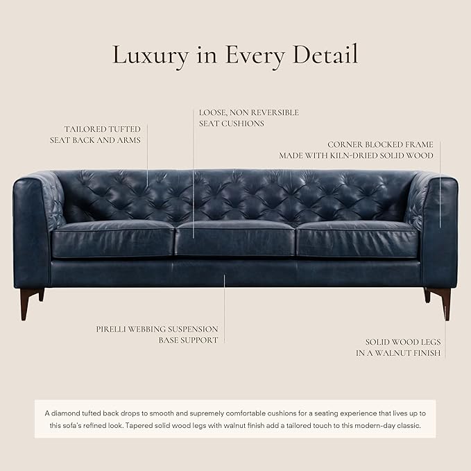 Poly & Bark Essex Leather Couch - 89-Inch Sofa with Tufted Back - Full-Grain Leather Sofa for Living Room with Feather-Down Topper - Living Room Couch - Vintage Italian Leather in Midnight Blue