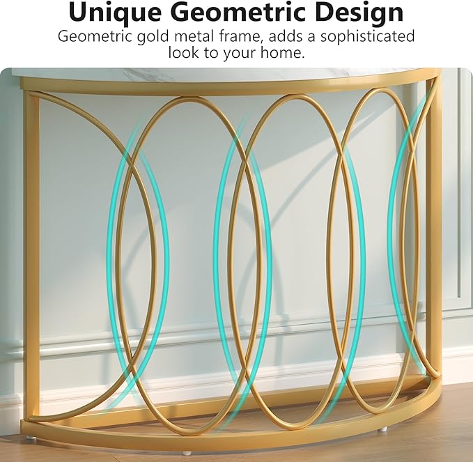 LITTLE TREE Half Moon Gold Console Table, 43 Inch Modern Faux Marble Entryway Table, Narrow Semi Circle Sofa Accent Table with Geometric Metal Frame for Living Room, Hallway