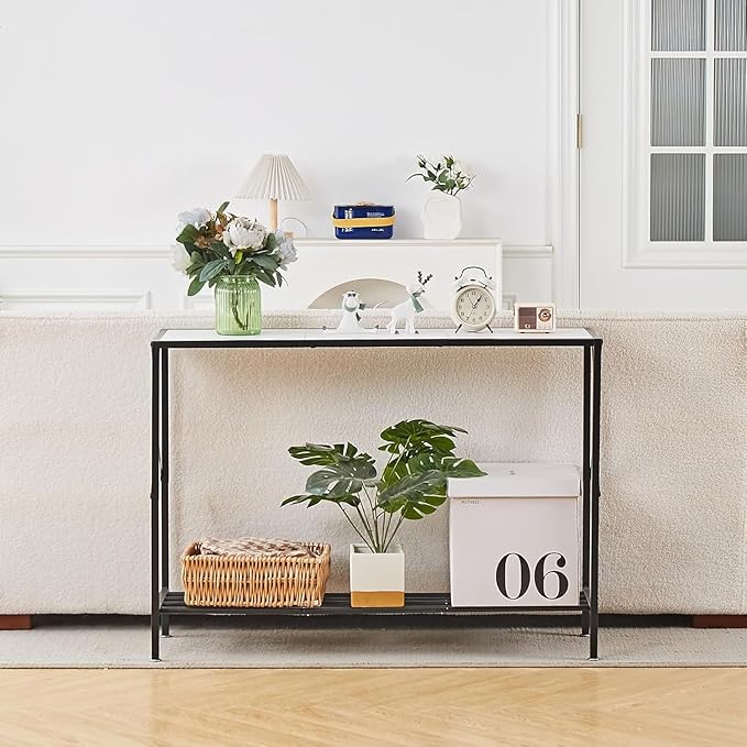 Wimarsbon Console Table,Multifunctional Sofa Side Table with Shelves,Behind Couch TV Tables with Metal Frame,Accent Display Stand for Hallway,Entrance (41.9" 2-Layer White Faux Marble + Black Frame)