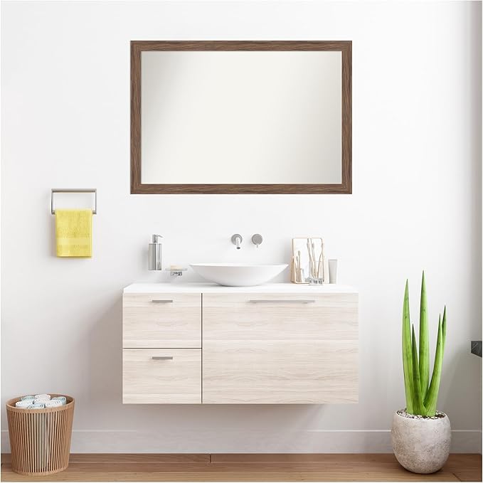 Amanti Art Brown Bathroom Mirror for Over Sink, 27x39 Pia Medium Brown Narrow Rectangle Vanity Mirror, Large Casual Frame, Hangs Horizonally and Vertically, Bathroom Wall Decor, Non-Beveled Edge