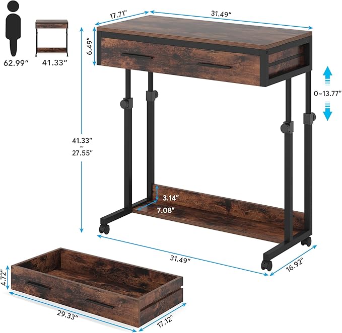 Tribesigns Portable Desk with Drawers, Mobile Laptop Desk with Wheels, Sofa Side Table Small Portable Standing Rolling Table for Home Office