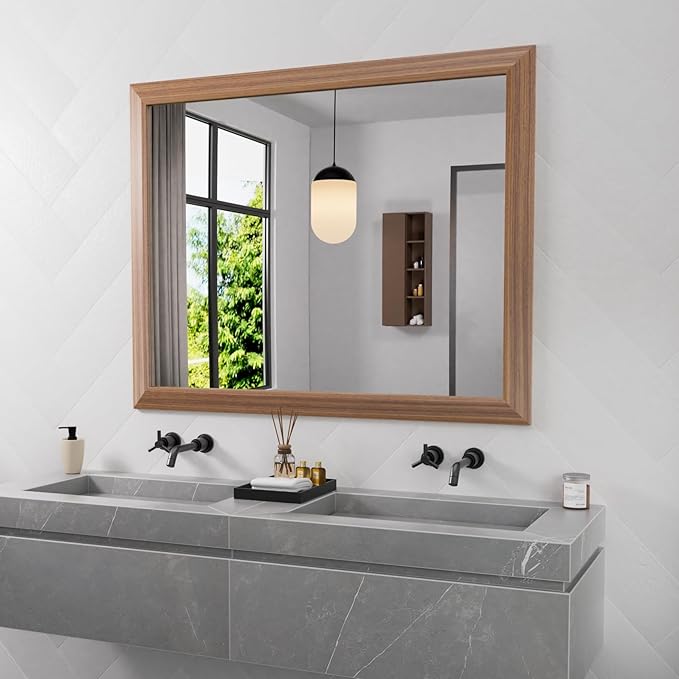 Amorho 40X32 Inch Bathroom Mirror for Wall, Walnut Wood Grain Metal Framed Mirror, Anti-Rust, Hang Horizontally/Vertically, Suitable for Vanity, Bedroom, Farmhouse, Bathroom
