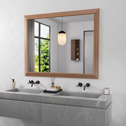 Amorho 40X32 Inch Bathroom Mirror for Wall, Walnut Wood Grain Metal Framed Mirror, Anti-Rust, Hang Horizontally/Vertically, Suitable for Vanity, Bedroom, Farmhouse, Bathroom