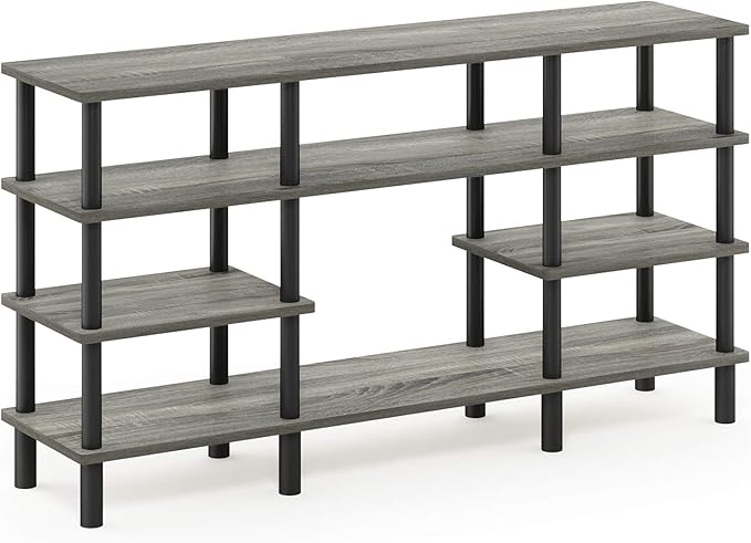 Furinno Turn-N-Tube 4-Tier Multipurpose Wide Shelf TV Stand, French Oak Grey/Black